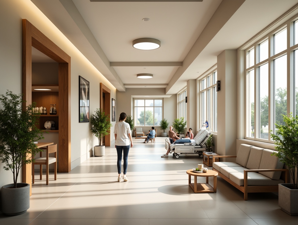 Prompt: Sterile hospital corridors, calm waiting areas, comfortable patient rooms, modern medical equipment, ergonomic furniture, adjustable hospital beds, soft cushioned chairs, wooden coffee tables, natural plants, warm beige walls, large windows, abundant natural light, softbox lighting, shallow depth of field, 1/2 composition, realistic textures, ambient occlusion.