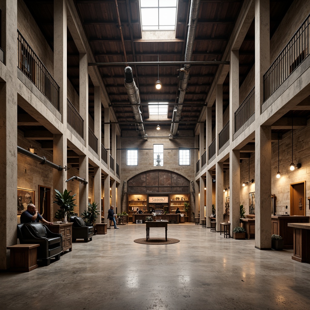 Prompt: Grand warehouse, neoclassical columns, rustic stone walls, high ceilings, exposed ductwork, metal beams, industrial chic lighting, polished concrete floors, vintage machinery, reclaimed wood accents, earthy color palette, natural textures, subtle ornate details, symmetrical composition, central axis alignment, dramatic verticality, warm softbox lighting, cinematic atmosphere, realistic reflections, ambient occlusion.