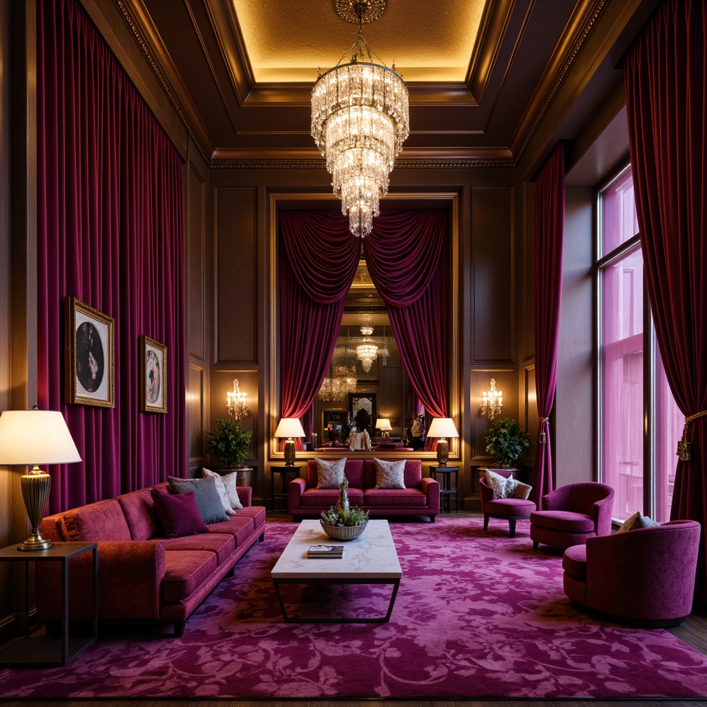 Prompt: Rich plum tones, luxurious velvet fabrics, warm golden lighting, ornate wooden furniture, lavish jewel-toned accents, sophisticated modern architecture, sleek marble surfaces, dramatic floor-to-ceiling windows, opulent crystal chandeliers, moody atmospheric shadows, cinematic composition, 1/2 framing, soft focus blur, vibrant magenta hues, deep berry shades, muted mauve undertones, sumptuous textures, regal purple accents.