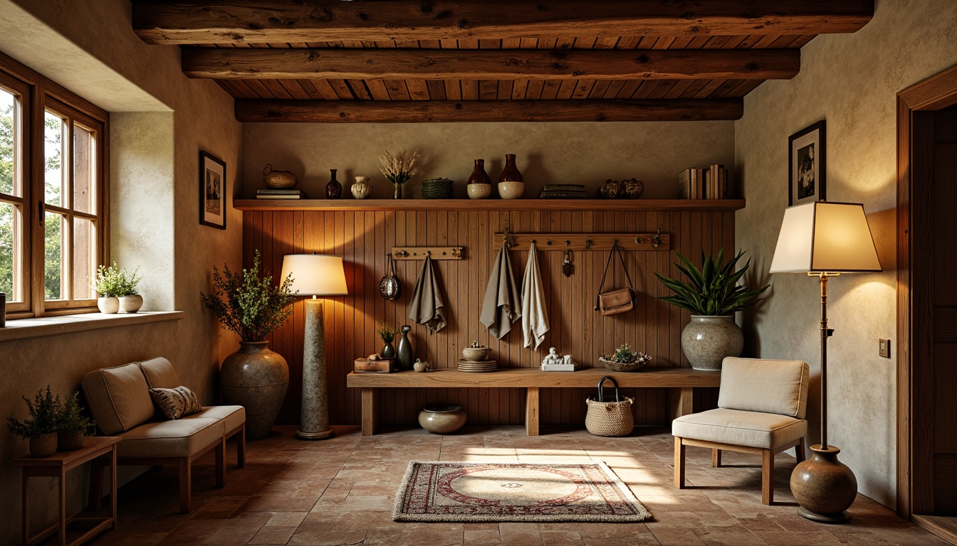 Prompt: Rustic mudroom, Renaissance-inspired decor, warm earthy tones, distressed wood accents, ornate metal fixtures, vintage accessories, soft golden lighting, table lamps with linen shades, floor lamps with ceramic bases, pendant lights with crystal drops, natural stone flooring, brick walls, wooden beams, cozy reading nooks, plush area rugs, ambient warm glow, 1/1 composition, soft focus, realistic textures, subtle shadows.