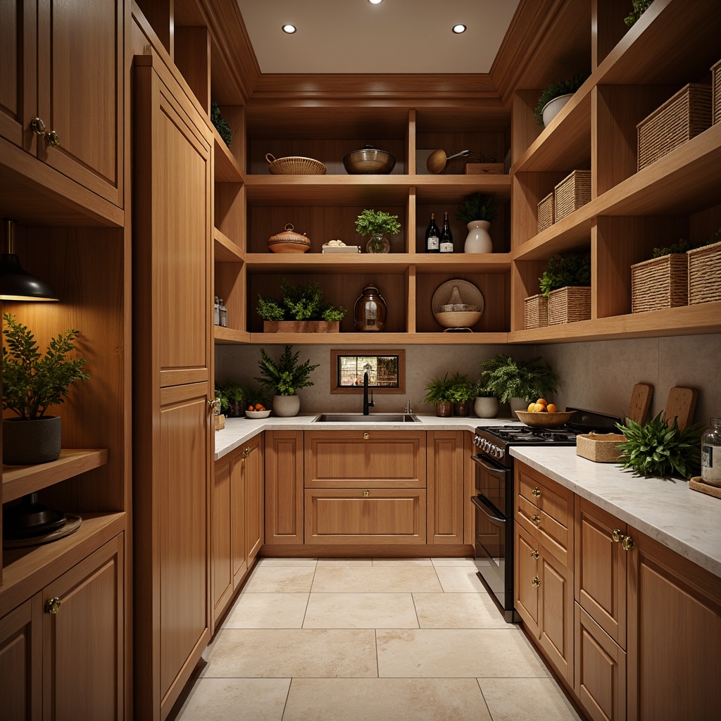 Prompt: Cozy pantry, warm wood tones, sleek metal handles, spacious shelving units, modern kitchen appliances, rustic wooden crates, woven baskets, marble countertops, pendant lighting fixtures, soft warm glow, shallow depth of field, 1/1 composition, realistic textures, ambient occlusion.Let me know if you need any adjustments!