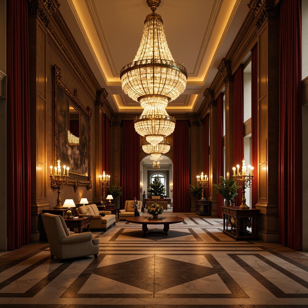 Prompt: Grand chandelier, crystal droplets, warm golden lighting, ornate candelabras, marble floors, high ceilings, stately columns, intricate moldings, lavish furnishings, velvet drapes, rich wood tones, gilded accents, soft warm glow, ambient illumination, layered lighting, 1/1 composition, realistic textures, subtle shading.