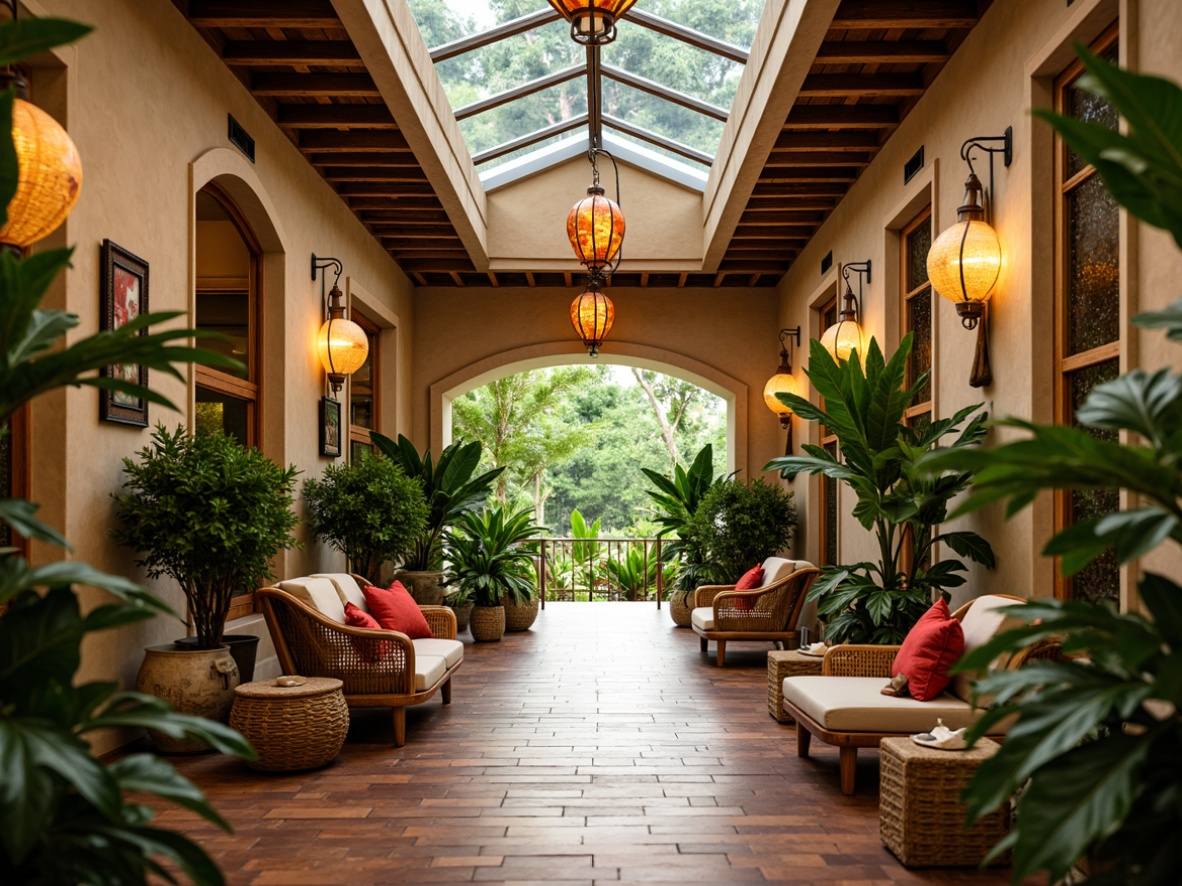 Prompt: Tropical style hallway, exotic plants, natural wood flooring, woven rattan furniture, colorful tiki torches, vibrant flower arrangements, palm frond chandeliers, warm beige walls, subtle tribal patterns, wicker storage baskets, shells and pebbles decor, glass ceiling with lush greenery view, soft warm lighting, shallow depth of field, 1/1 composition, realistic textures, ambient occlusion.