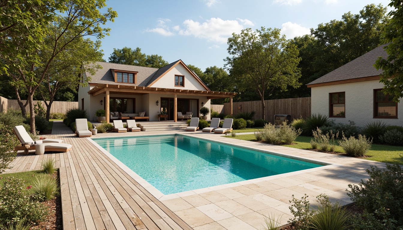 Prompt: Rustic farmhouse, natural stone coping, wooden pool deck, vintage metal railings, distressed wood accents, earthy color palette, turquoise water, sunny day, soft warm lighting, shallow depth of field, 3/4 composition, panoramic view, realistic textures, ambient occlusion.