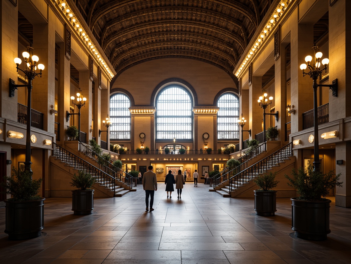 Prompt: Grand metro station, traditional architectural style, ornate stone carvings, intricately designed columns, vaulted ceilings, grand chandeliers, warm golden lighting, rich wood tones, decorative metal railings, antique-inspired signage, classic clock towers, stained glass windows, mosaic tile floors, symmetrical composition, atmospheric perspective, soft focus, realistic textures.