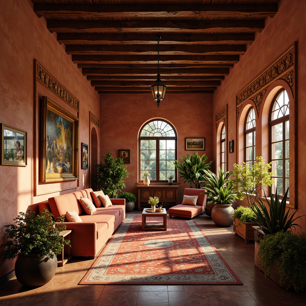 Prompt: Warm sunroom, Renaissance-inspired decor, terracotta walls, rustic wooden beams, ornate stone carvings, stained glass windows, rich velvet drapes, golden accents, intricate frescoes, soft warm lighting, shallow depth of field, 1/1 composition, realistic textures, ambient occlusion.