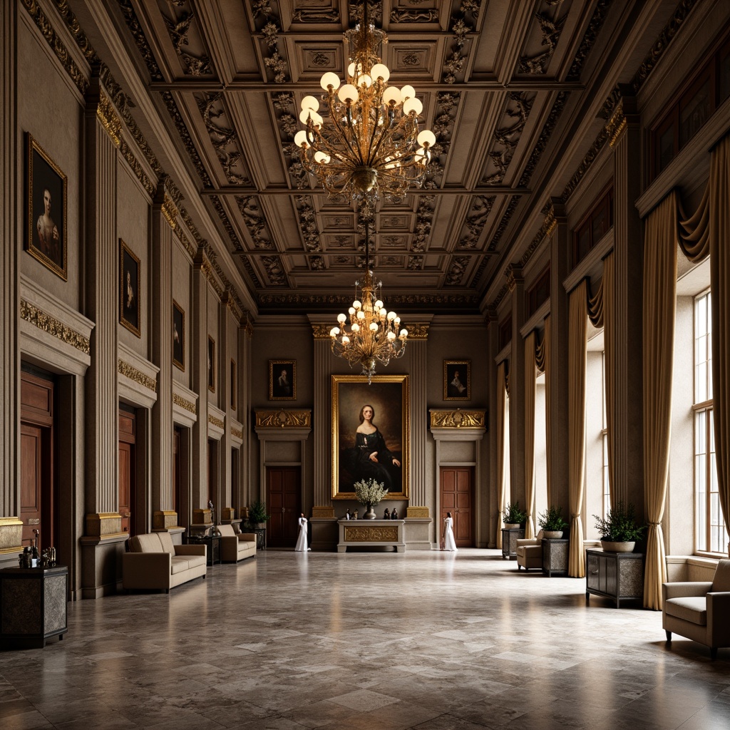 Prompt: Grandiose great room, high ceilings, ornate moldings, intricate carvings, neoclassical archways, Corinthian columns, lavish chandeliers, marble flooring, velvet drapes, gilded frames, oil paintings, subtle color palette, soft warm lighting, dramatic shadows, 3/4 composition, symmetrical arrangement, realistic textures, ambient occlusion.