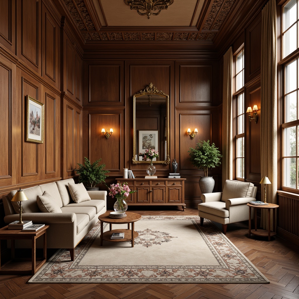 Prompt: Rich wood paneling, ornate moldings, classic columns, luxurious fabrics, velvet drapes, gold accents, antique furniture, leather-bound books, vintage desk lamps, floral patterns, subtle texture contrasts, warm beige tones, soft diffused lighting, 1/2 composition, realistic material rendering, detailed ornamentation.