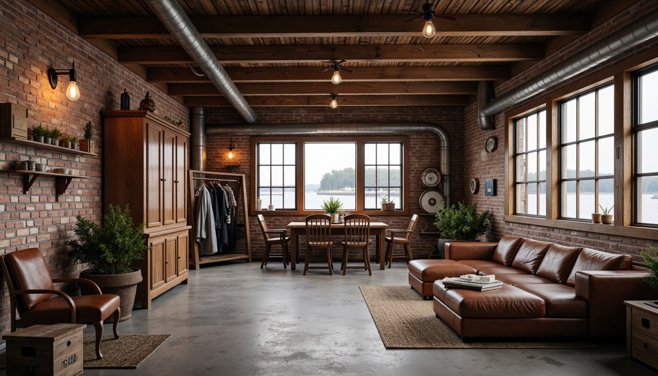 Prompt: Rustic boathouse interior, reclaimed wood accents, industrial metal beams, exposed brick walls, distressed leather furniture, vintage nautical artifacts, Edison bulb lighting, wooden crates, metal pipes, concrete floors, minimalist decor, monochromatic color scheme, soft natural light, shallow depth of field, 1/1 composition, realistic textures, ambient occlusion.