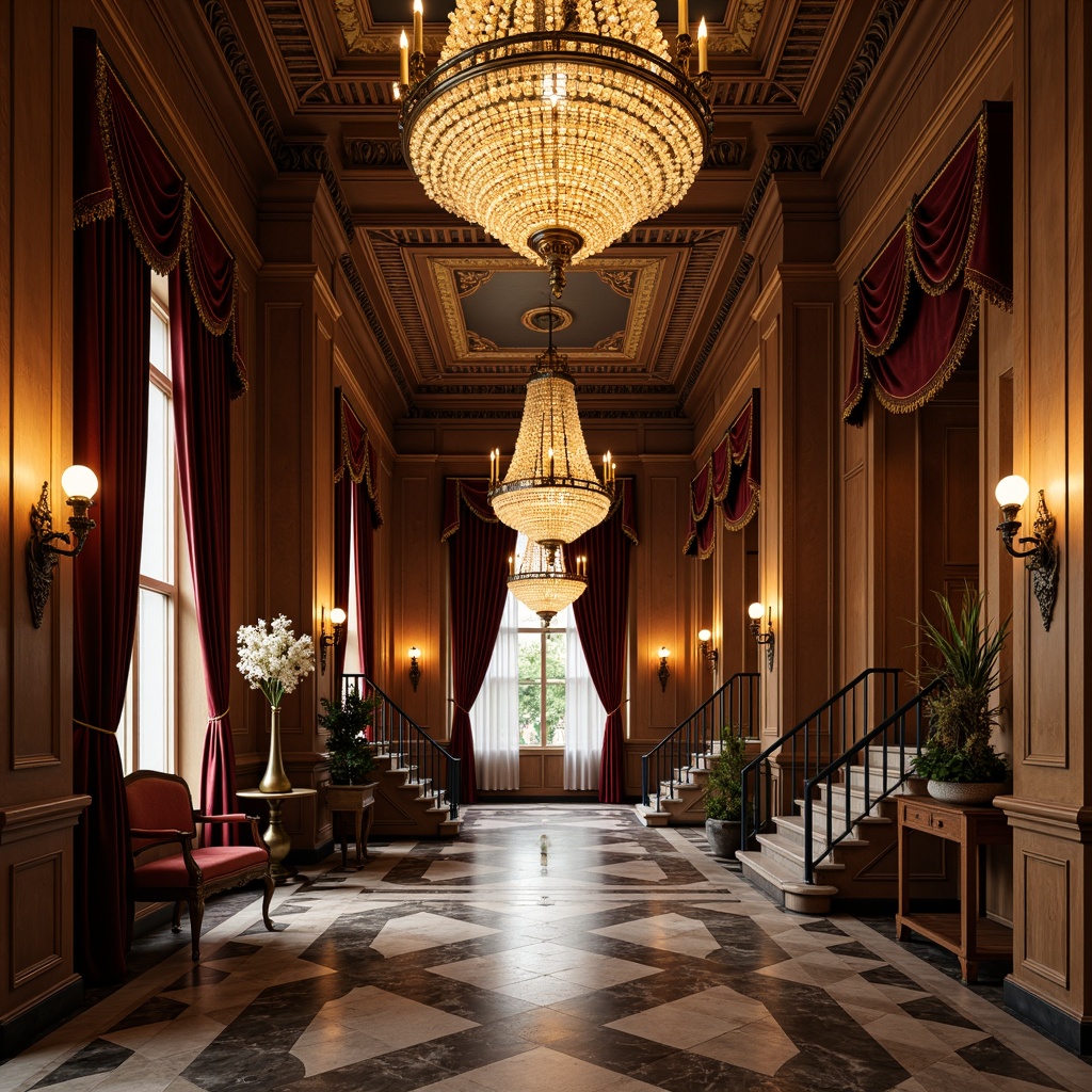 Prompt: Ornate chandeliers, crystal drops, golden accents, luxurious fabrics, velvet drapes, marble floors, grand staircases, intricate moldings, rich wood tones, dramatic ceiling heights, warm soft lighting, subtle shadows, golden hour illumination, ambient glow, 1/2 composition, shallow depth of field, ornate furniture, lavish decorations, regal atmosphere.