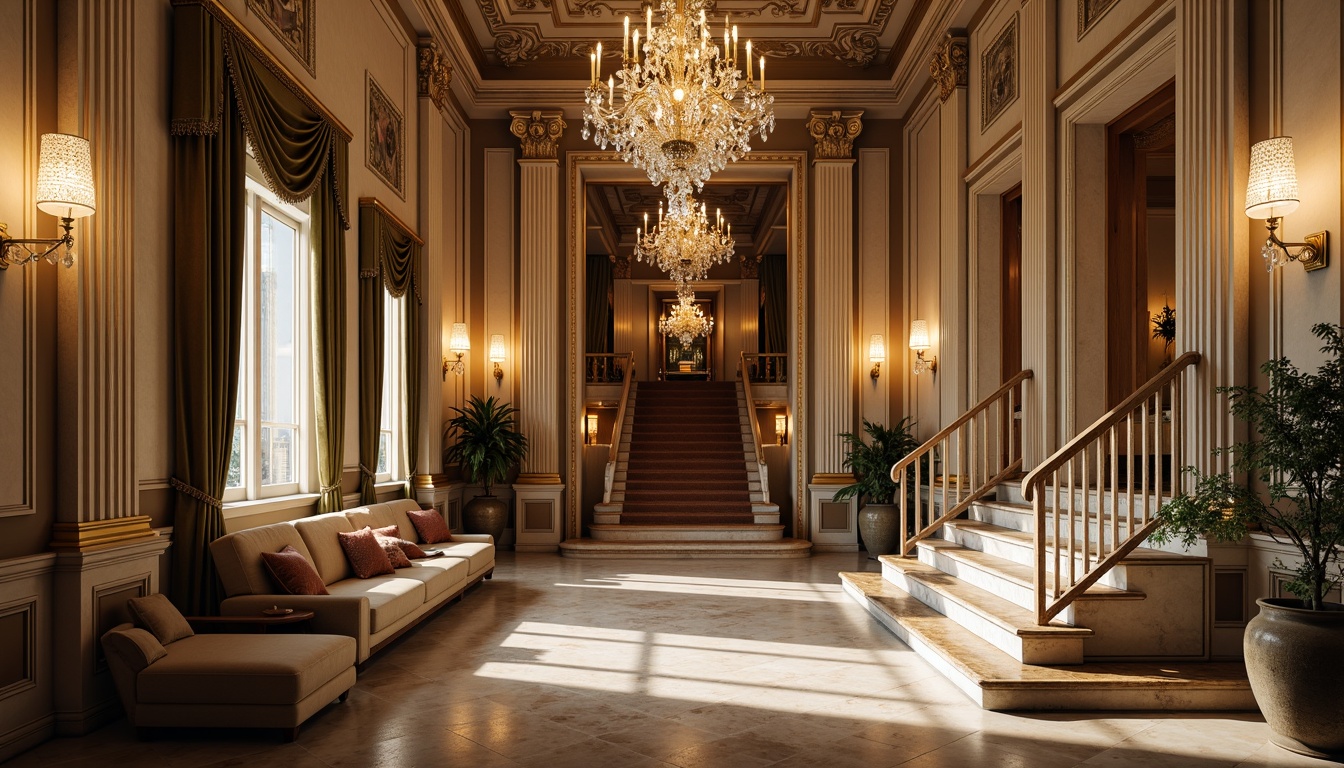 Prompt: Elegant neoclassical mansion, ornate columns, intricately carved stone facades, polished marble floors, richly textured wallpapers, velvety soft furnishings, gilded moldings, crystal chandeliers, grand staircases, lavish drapery, subtle color palette, warm golden lighting, shallow depth of field, 1/2 composition, realistic reflections, ambient occlusion.