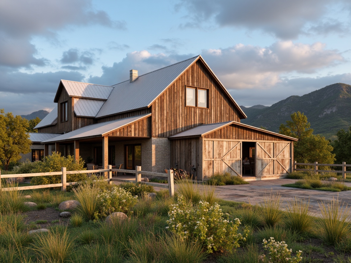 Prompt: Rustic farmhouse exterior, weathered wood siding, galvanized metal roofs, vintage barn doors, distressed wooden fences, wildflower meadows, rolling hills, cloudy blue skies, warm natural lighting, shallow depth of field, 2/3 composition, earthy tone color palette, rough-hewn stone walls, reclaimed wood accents, antique farm equipment, soft muted textures, organic shapes, natural material emphasis.