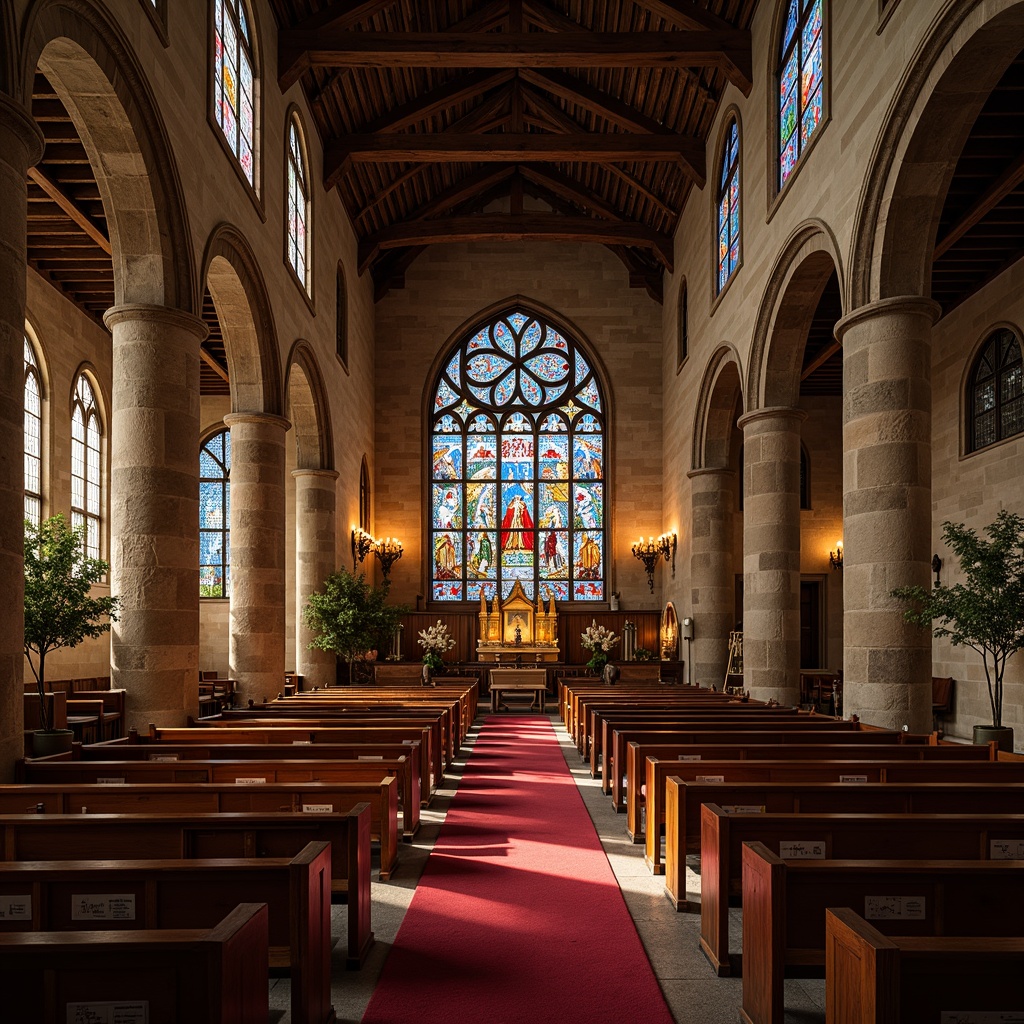 Prompt: Rustic church interior, warm candlelight, rich wood accents, stone walls, vaulted ceilings, grandiose stained glass windows, vibrant colorful patterns, intricate geometric designs, biblical scenes, majestic arches, ornate furnishings, plush red carpets, serene atmosphere, soft natural light, 1/1 composition, shallow depth of field, realistic textures, ambient occlusion.