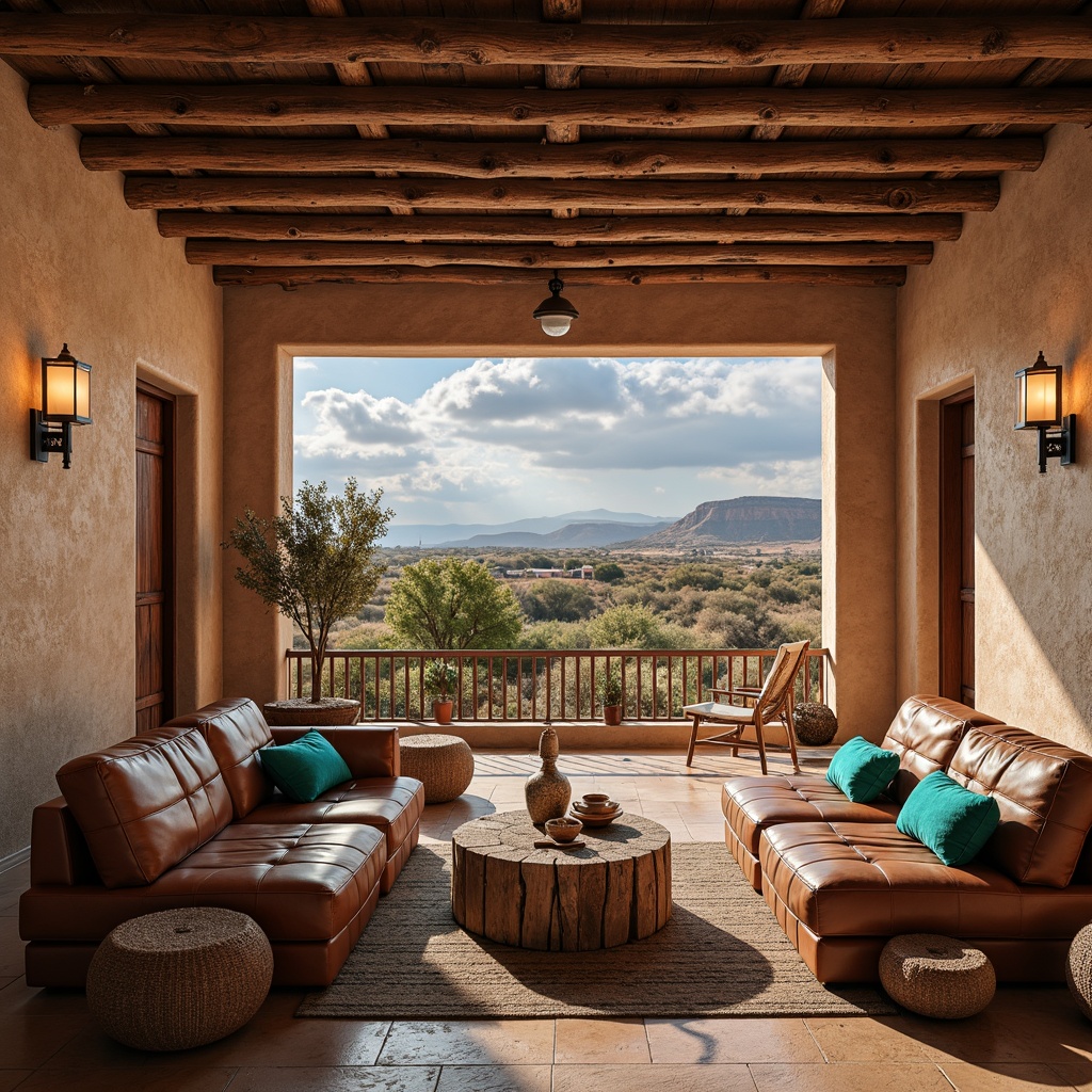 Prompt: Earth-toned adobe walls, rustic wooden beams, natural stone floors, distressed leather furniture, woven textiles, vibrant turquoise accents, warm copper lighting, ornate metalwork, hand-carved wood details, clay pottery, woven baskets, desert landscape views, clear blue skies, dramatic cloud formations, soft warm light, shallow depth of field, 3/4 composition, panoramic view, realistic textures, ambient occlusion.