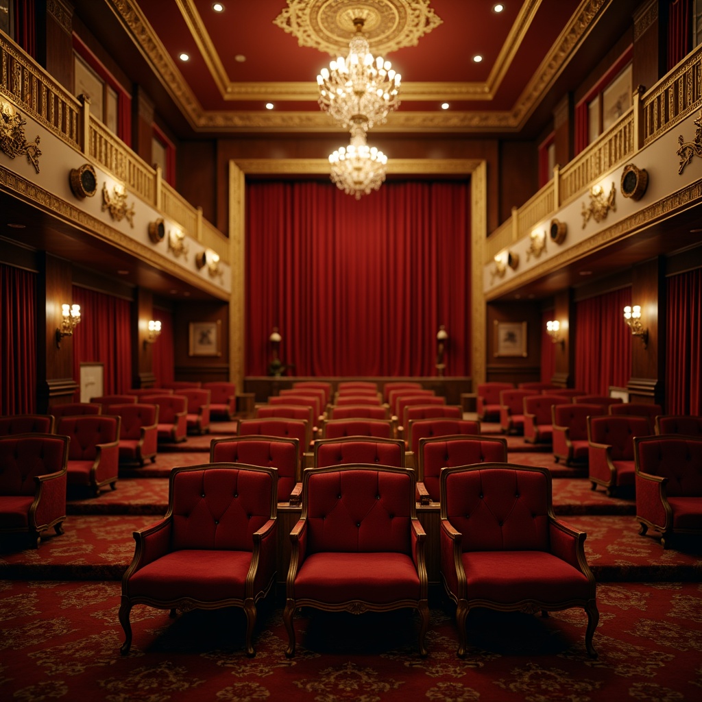 Prompt: Elegant theater interior, French country style decor, plush velvet seats, ornate golden frames, crimson red curtains, lavish chandeliers, intricate wooden carvings, soft warm lighting, shallow depth of field, 1/1 composition, realistic textures, ambient occlusion, luxurious fabrics, tufted upholstery, cabriole leg design, carved wooden armrests, gilded accents, ornate moldings, intimate seating arrangement, cozy atmosphere, subtle scent of lavender.