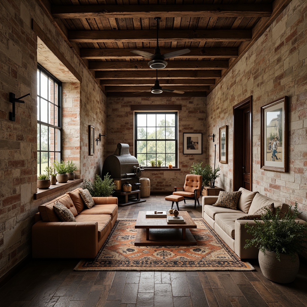 Prompt: Rustic, earthy tones, exposed brick walls, distressed wood accents, rugged stone surfaces, aged metal frameworks, worn leather upholstery, vintage industrial machinery, reclaimed wood furniture, natural fiber textiles, organic patterns, earthy color palette, warm soft lighting, shallow depth of field, 1/1 composition, realistic ambient occlusion.