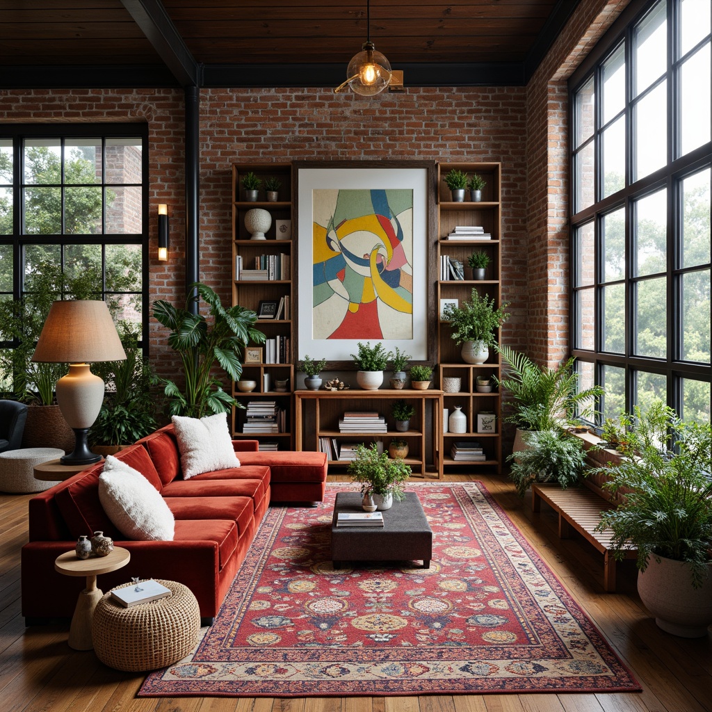 Prompt: Eclectic living room, vintage furniture pieces, bold patterned rugs, statement lighting fixtures, rich wood accents, colorful artwork collections, oversized windows, natural light pouring in, lush greenery, industrial metal beams, exposed brick walls, cozy reading nooks, plush velvet sofas, abstract sculptures, global-inspired textiles, warm earthy tones, shallow depth of field, 1/1 composition, softbox lighting, realistic textures.