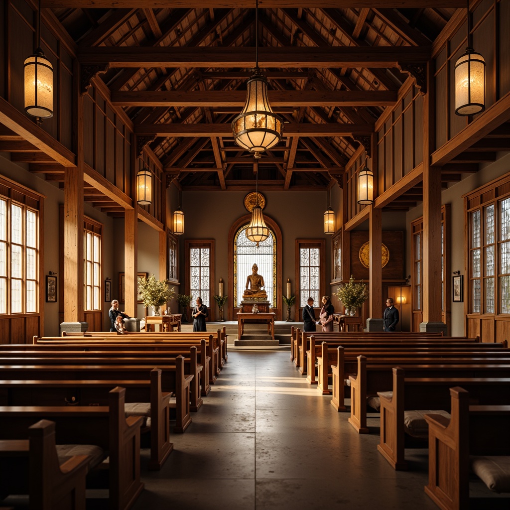 Prompt: Traditional Asian-style church interior, serene atmosphere, wooden pews, intricately carved pulpits, golden accents, ornate lanterns, soft warm lighting, shallow depth of field, 3/4 composition, panoramic view, realistic textures, ambient occlusion, Buddhist-inspired statues, tranquil ambiance, natural wood tones, subtle incense aromas, delicate paper lanterns, minimalist decor, subtle color palette, elegant lines, harmonious seating arrangement, comfortable cushions, gentle curves.