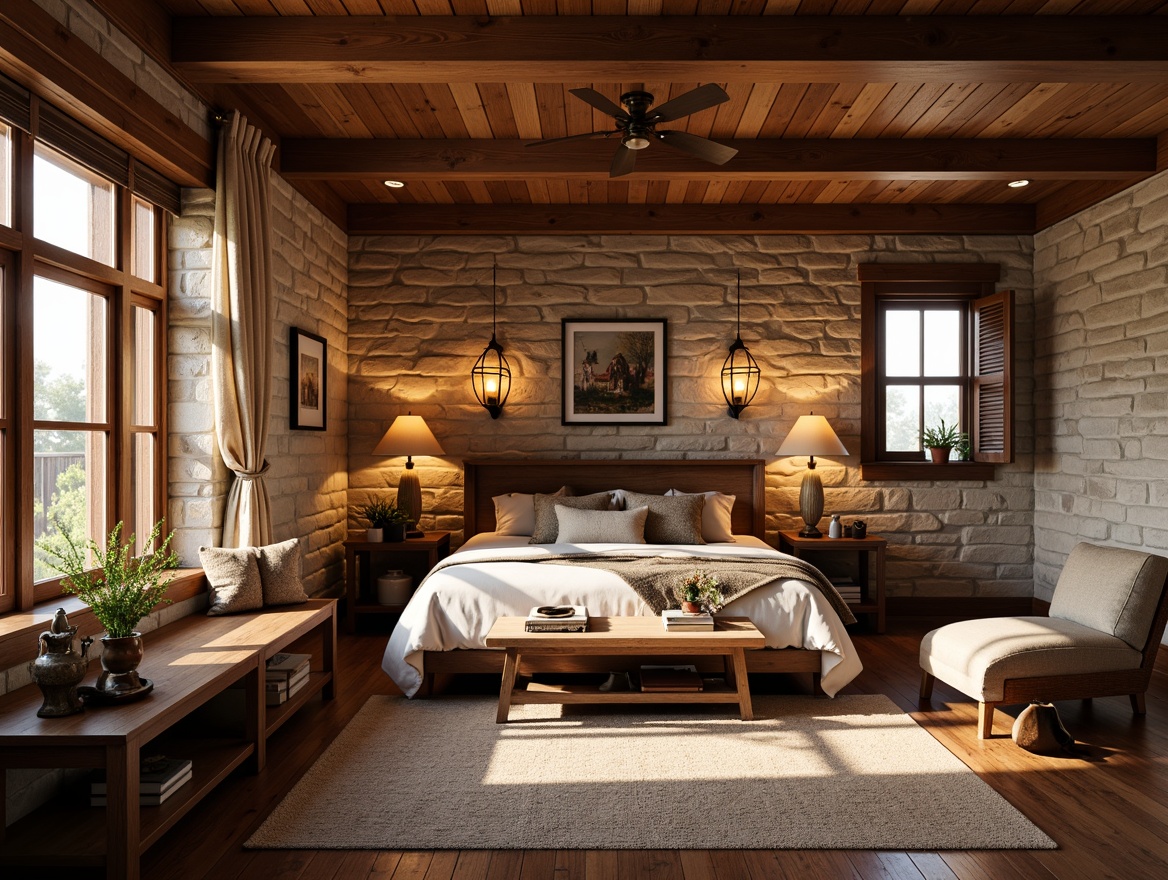 Prompt: Warm craftsman bedroom, rustic wood furniture, earthy tone colors, natural stone walls, wooden ceiling beams, soft warm lighting, table lamps with linen shades, metal fixtures with bronze finish, pendant lights with seeded glass, candle chandeliers, cozy reading nook, plush area rug, comfortable bedding, vintage decorative items, rich textiles, wooden window frames, plantation shutters, morning sunlight, shallow depth of field, 1/2 composition, realistic textures, ambient occlusion.