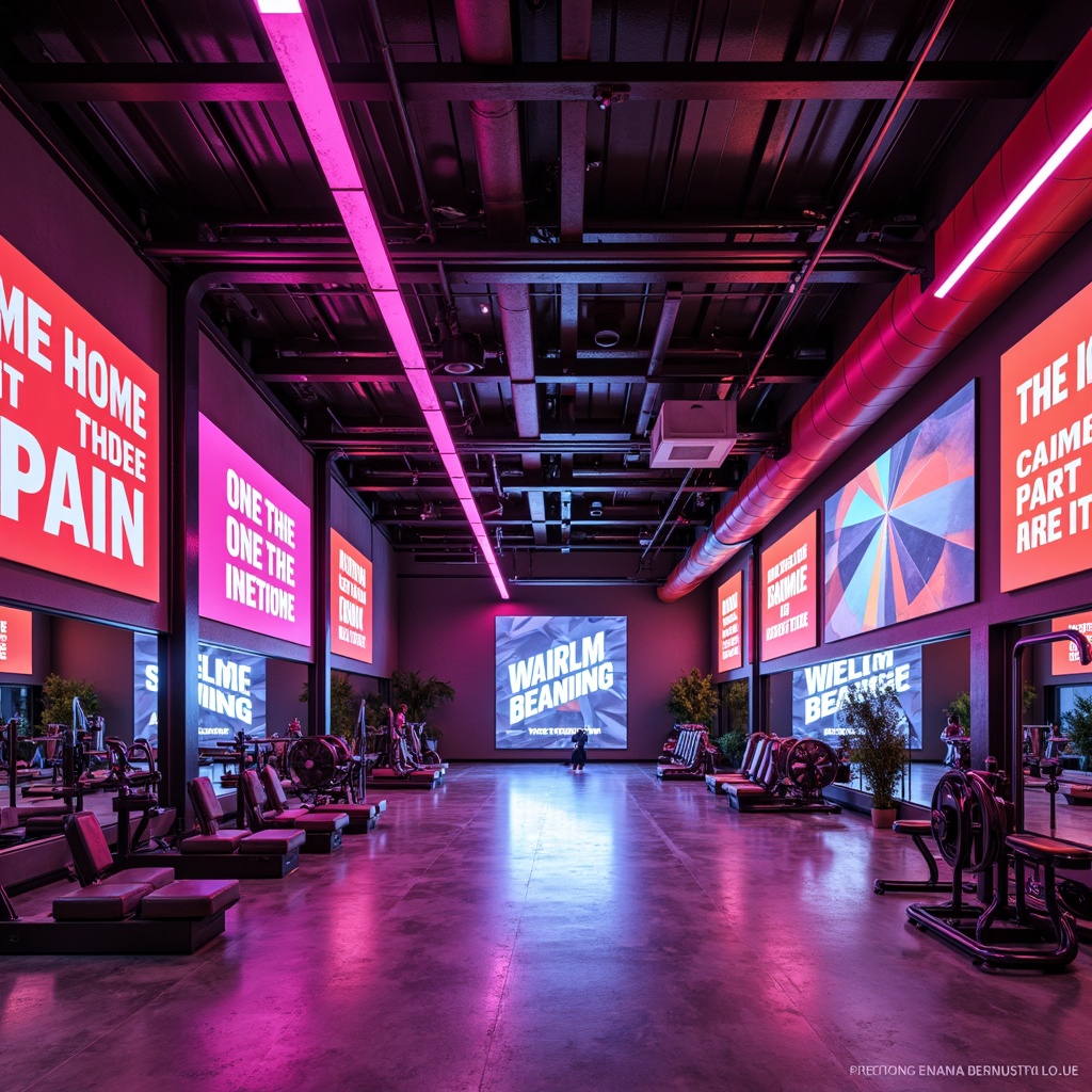 Prompt: Vibrant home gym, bold color scheme, energetic atmosphere, motivational quotes, industrial metal beams, polished concrete floors, neon-lit workout equipment, rubber flooring, mirrors, modern minimalistic decor, abstract geometric patterns, high-gloss paint finishes, LED light strips, dynamic shadows, 3/4 composition, shallow depth of field, realistic textures, ambient occlusion.