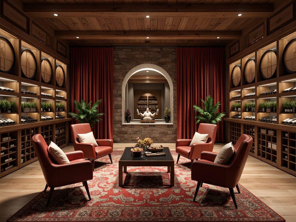 Prompt: Elegant wine cellar, rich wood tones, ornate metalwork, luxurious velvet drapes, stylish contemporary furniture, sleek glass tables, plush area rugs, ambient dim lighting, rustic stone walls, wooden barrel heads, wine bottle displays, climate-controlled environment, sophisticated shelving systems, refined leather armchairs, warm earthy color palette, 1/1 composition, softbox lighting, shallow depth of field, realistic textures.