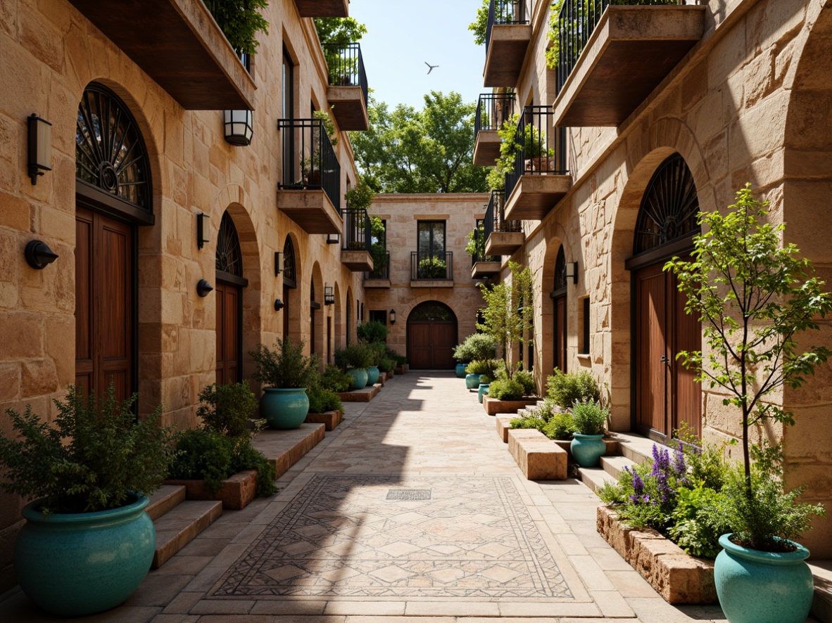 Prompt: Weathered stone walls, rustic archways, ornate ceramic tiles, warm earthy tones, vibrant turquoise accents, lush greenery, overflowing flower boxes, wrought iron balconies, distressed wooden doors, decorative metalwork, soft warm lighting, shallow depth of field, 1/1 composition, realistic textures, ambient occlusion.