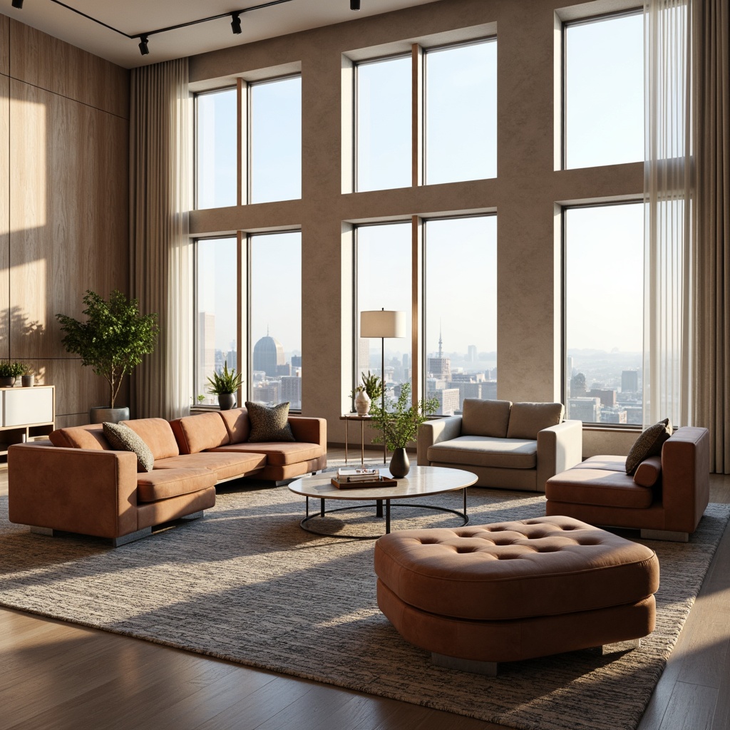 Prompt: Sleek low-profile sofas, velvety smooth upholstery, polished chrome legs, minimalist coffee tables, geometric patterned rugs, curved lines, retro-futuristic armchairs, tufted ottomans, luxurious marble side tables, floor-to-ceiling windows, sheer curtains, soft warm lighting, shallow depth of field, 3/4 composition, panoramic view, realistic textures, ambient occlusion.