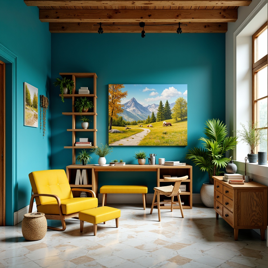 Prompt: Vibrant art studio, Prussian blue accent walls, golden yellow furniture, rich turquoise decorative accents, creamy white marble floors, natural wood textures, geometric patterns, bold brushstrokes, warm atmospheric lighting, shallow depth of field, 1/1 composition, realistic renderings, ambient occlusion.