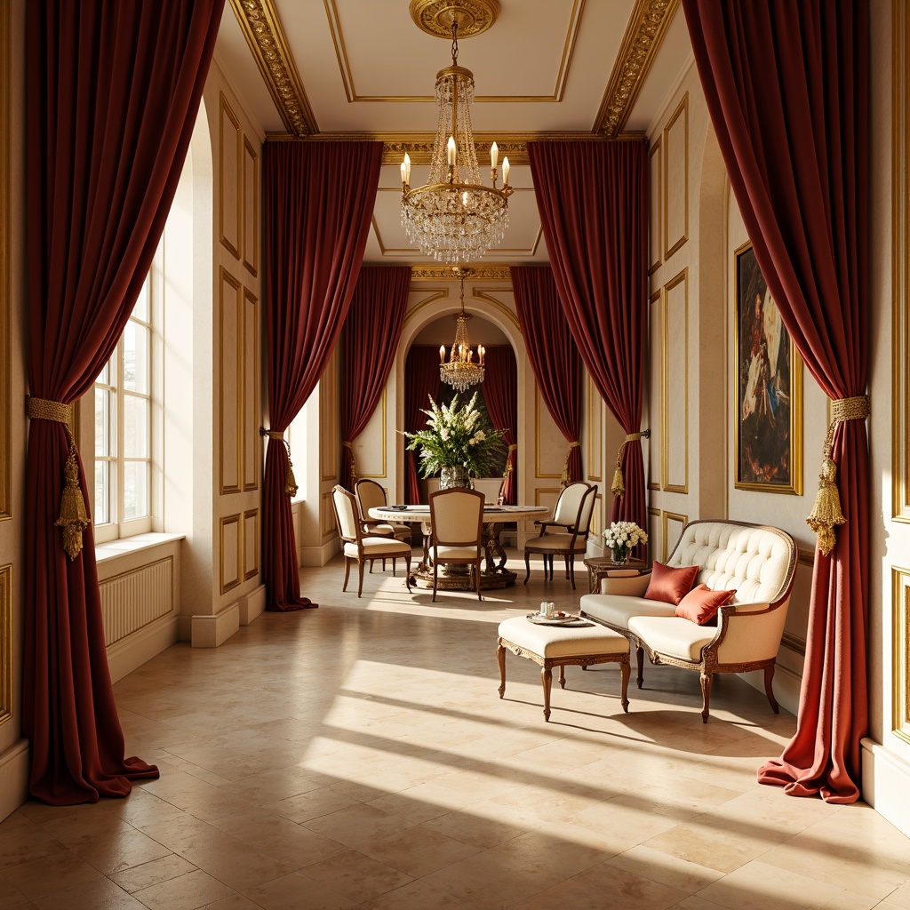 Prompt: Rich velvet drapes, ornate gold accents, soft creamy marble countertops, warm beige walls, elegant crystal chandeliers, antique furniture pieces, intricate carved wood details, luxurious satin fabrics, golden sunrise lighting, shallow depth of field, 1/1 composition, warm and inviting atmosphere, opulent textures, subtle warm shadows.