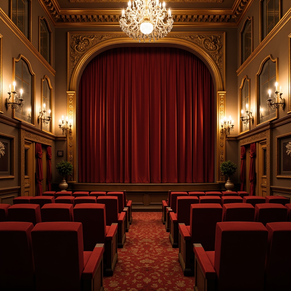 Prompt: Elegant theater interior, rich velvet curtains, golden ornate frames, soft warm lighting, luxurious red seats, intricately carved wooden armrests, plush cushions, French country-style ornaments, rustic wooden accents, distressed finishes, vintage decorative elements, ornate chandeliers, crystal droplets, subtle scent of lavender, intimate setting, 1/2 composition, shallow depth of field, cinematic atmosphere.