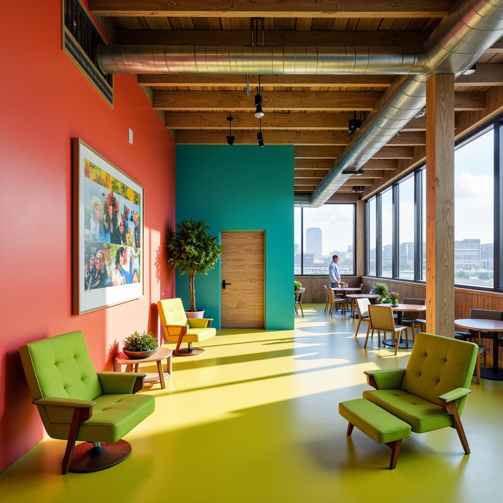 Prompt: Vibrant rehabilitation center, bold color palette, bright coral walls, turquoise accents, lime green furniture, sunny yellow floors, playful geometric patterns, natural wood textures, exposed ductwork ceilings, industrial-chic decor, eclectic mix of vintage and modern elements, adaptive reuse of existing structures, urban cityscape views, morning sunlight, warm soft lighting, shallow depth of field, 1/1 composition, realistic renderings, ambient occlusion.