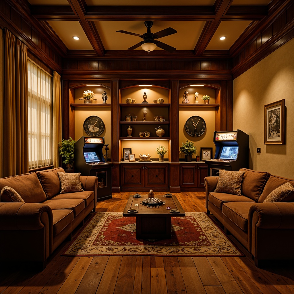 Prompt: Cozy game room, traditional wood paneling, warm beige walls, rich brown furniture, ornate wooden cabinets, vintage arcade machines, classic board games, comfortable plush sofas, rustic wooden tables, warm golden lighting, table lamps, floor lamps, softbox lights, 3-point lighting setup, low-key illumination, dramatic shadows, cinematic ambiance, nostalgic atmosphere.