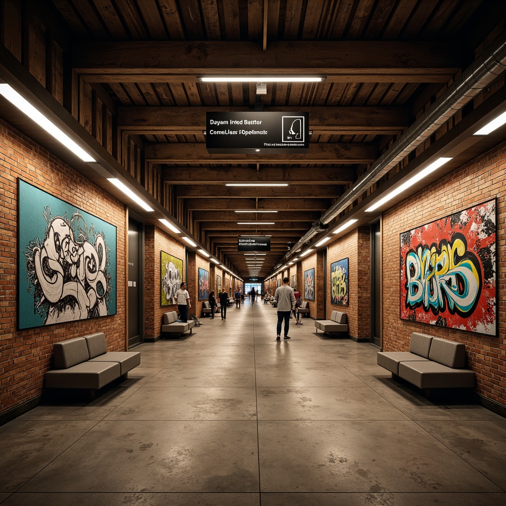 Prompt: Rustic metro station, industrial-chic vibe, exposed brick walls, distressed concrete flooring, metallic accents, urban graffiti, vibrant street art, dynamic lighting, high ceilings, open spaces, modern signage, sleek benches, stainless steel handrails, subway tiles, geometric patterns, abstract murals, eclectic textures, warm color palette, dramatic shadows, 1/2 composition, atmospheric perspective, cinematic ambiance.