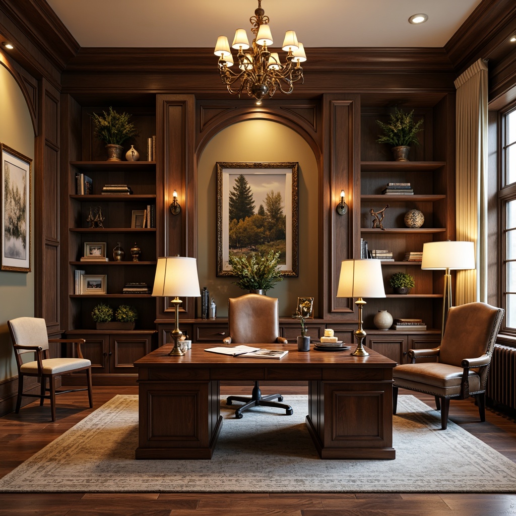 Prompt: Traditional home office, classic wood furniture, ornate desk lamps, bronze metal fixtures, soft warm lighting, elegant chandeliers, creamy white shades, rich brown leather chairs, vintage-inspired bookshelves, framed artwork, earthy tone color palette, natural textiles, subtle patterns, 1/2 composition, shallow depth of field, realistic renderings.