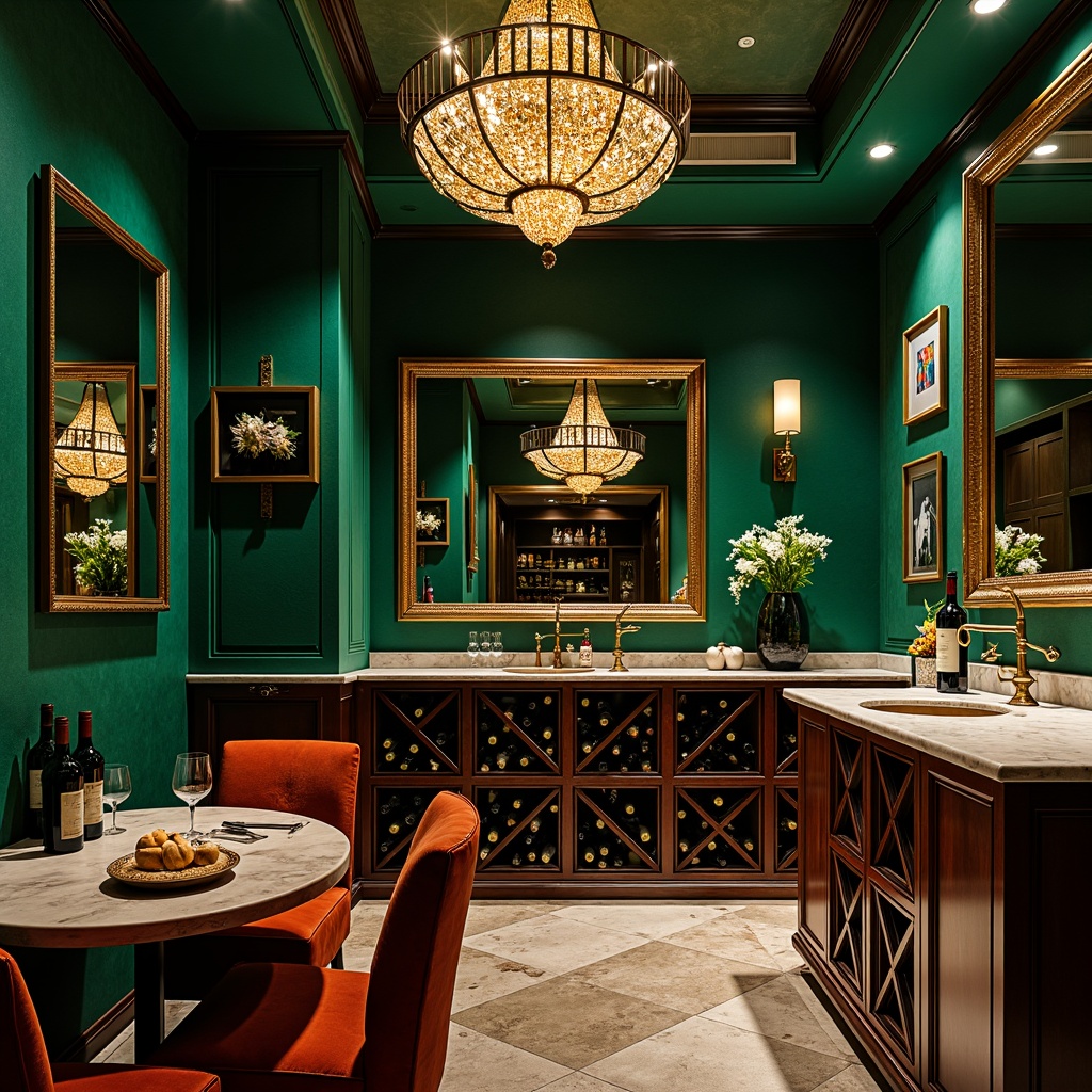 Prompt: Luxurious wine cellar, rich jewel tones, emerald green walls, gold accents, metallic bronze fixtures, dark wood cabinetry, velvet drapes, ornate mirrors, geometric patterns, bold black outlines, lavish chandeliers, soft warm lighting, ambient shadows, 3/4 composition, realistic textures, art deco-inspired motifs.