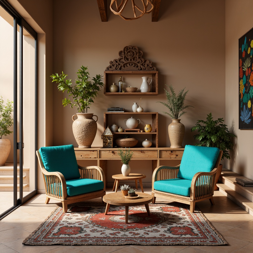 Prompt: Vibrant turquoise accents, distressed wood furniture, woven rattan chairs, plush patterned rugs, desert-inspired artwork, earthy terracotta vases, ornate metal lanterns, carved wooden mirrors, rustic wooden shelves, bold geometric patterns, warm beige walls, natural stone flooring, ambient warm lighting, shallow depth of field, 1/1 composition, realistic textures, soft focus effect.