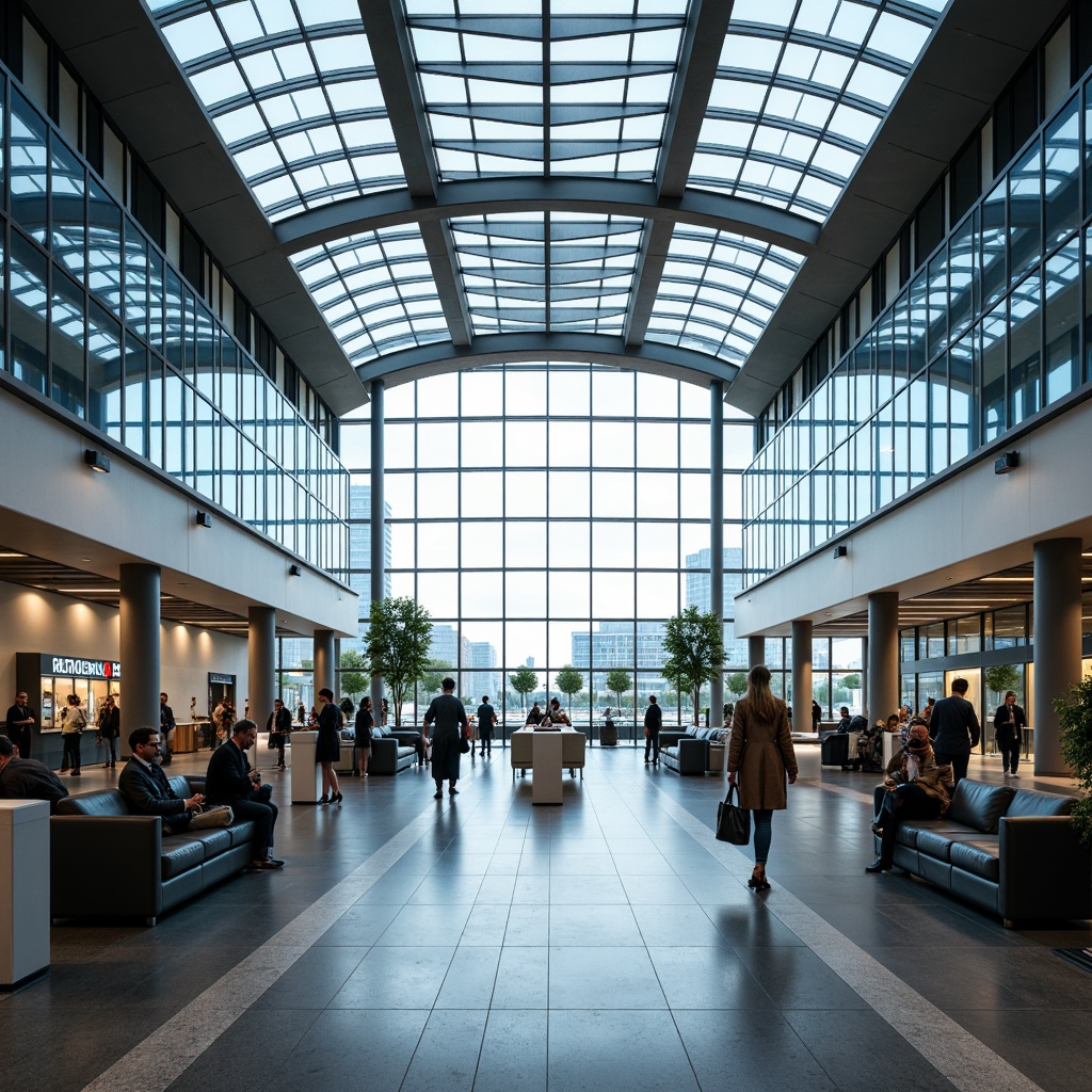 Prompt: Airy airport terminal, sleek glass fa\u00e7ade, minimalist steel framework, transparent ceilings, natural light flooding, polished concrete floors, modern check-in counters, futuristic security scanners, airy departure gates, comfortable waiting lounges, subtle ambient lighting, shallow depth of field, 1/2 composition, panoramic view, realistic reflections, ambient occlusion.