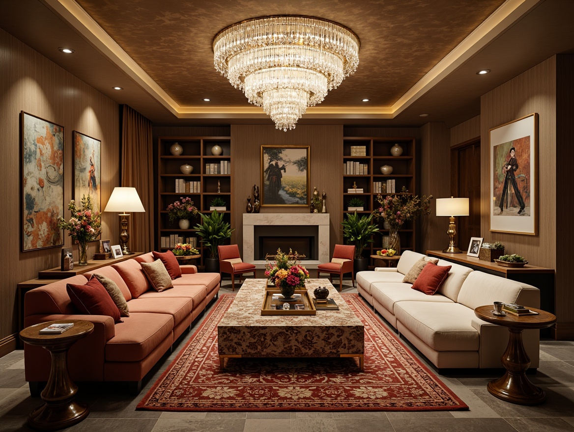 Prompt: Elegant living room, luxurious velvet sofas, ornate wooden coffee tables, metallic gold vases, lavish flower arrangements, soft warm lighting, richly patterned rugs, plush throw pillows, intricate ceiling designs, grand crystal chandeliers, marble fireplaces, sleek modern TVs, stylish wall art, decorative mirrors, minimalist shelving units, ambient cozy atmosphere, 1/1 composition, shallow depth of field, warm color palette.