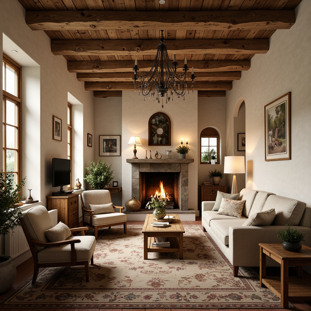 Prompt: Rustic country cottage, exposed ceiling beams, distressed wood accents, soft creamy whites, warm beige tones, ornate metal chandeliers, vintage wooden furniture, plush velvet upholstery, rich tapestries, stone fireplace, arched windows, floral patterns, natural linen fabrics, earthy terracotta flooring, ambient candlelight, shallow depth of field, 1/2 composition, cinematic framing, warm golden lighting, realistic textures, subtle lens flares.