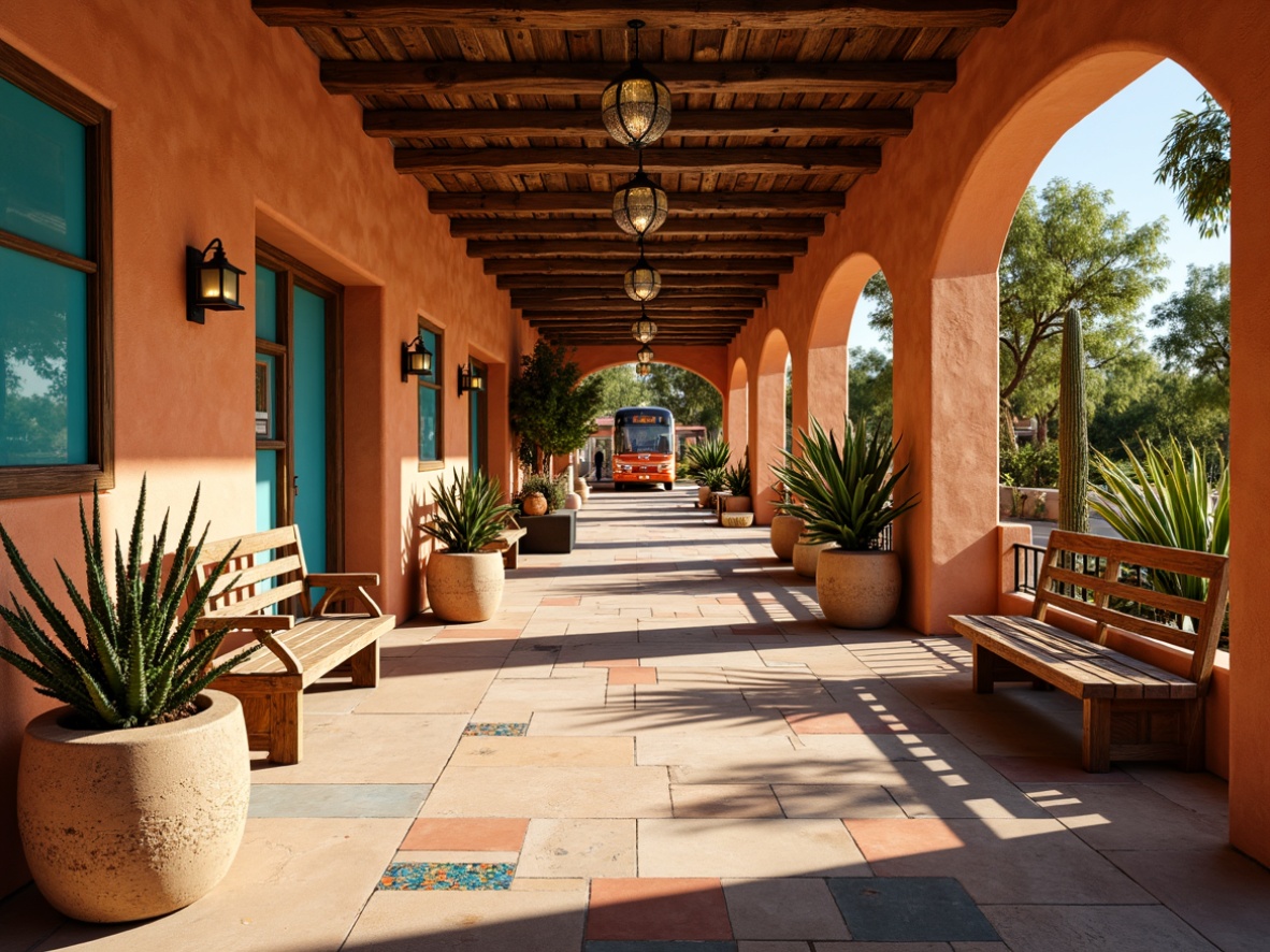 Prompt: Vibrant southwestern bus station, adobe-inspired architecture, warm terracotta walls, turquoise accents, rustic wooden benches, intricate tile work, desert landscaping, cacti plants, unique lantern-style lighting fixtures, colorful glass mosaics, dramatic shadowing, warm golden lighting, 3/4 composition, shallow depth of field, realistic textures, ambient occlusion.