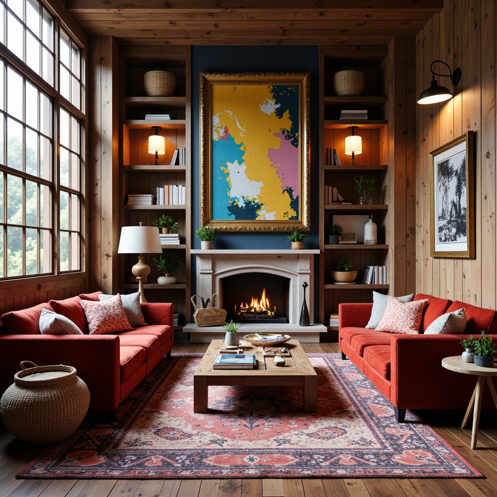 Prompt: Vibrant eclectic living room, rich velvet sofas, distressed wood coffee tables, plush Moroccan-inspired rugs, eclectic vintage decor, ornate gold frames, abstract modern artwork, bold colorful throw pillows, natural woven baskets, industrial metal lighting fixtures, reclaimed wooden walls, cozy reading nooks, floor-to-ceiling windows, warm softbox lighting, 1/1 composition, intimate atmosphere, realistic textures, ambient occlusion.