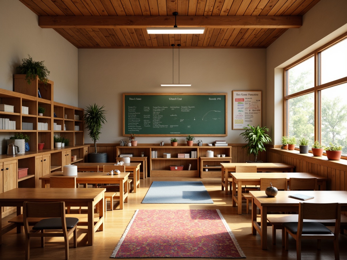 Prompt: Cozy elementary school interior, natural wood accents, earthy color palette, rustic wooden chairs, sturdy oak tables, comfortable cushioned benches, vibrant colorful rugs, educational wall charts, traditional craftsman-style cabinetry, warm pendant lighting, soft diffused daylight, shallow depth of field, 1/1 composition, realistic textures, ambient occlusion.