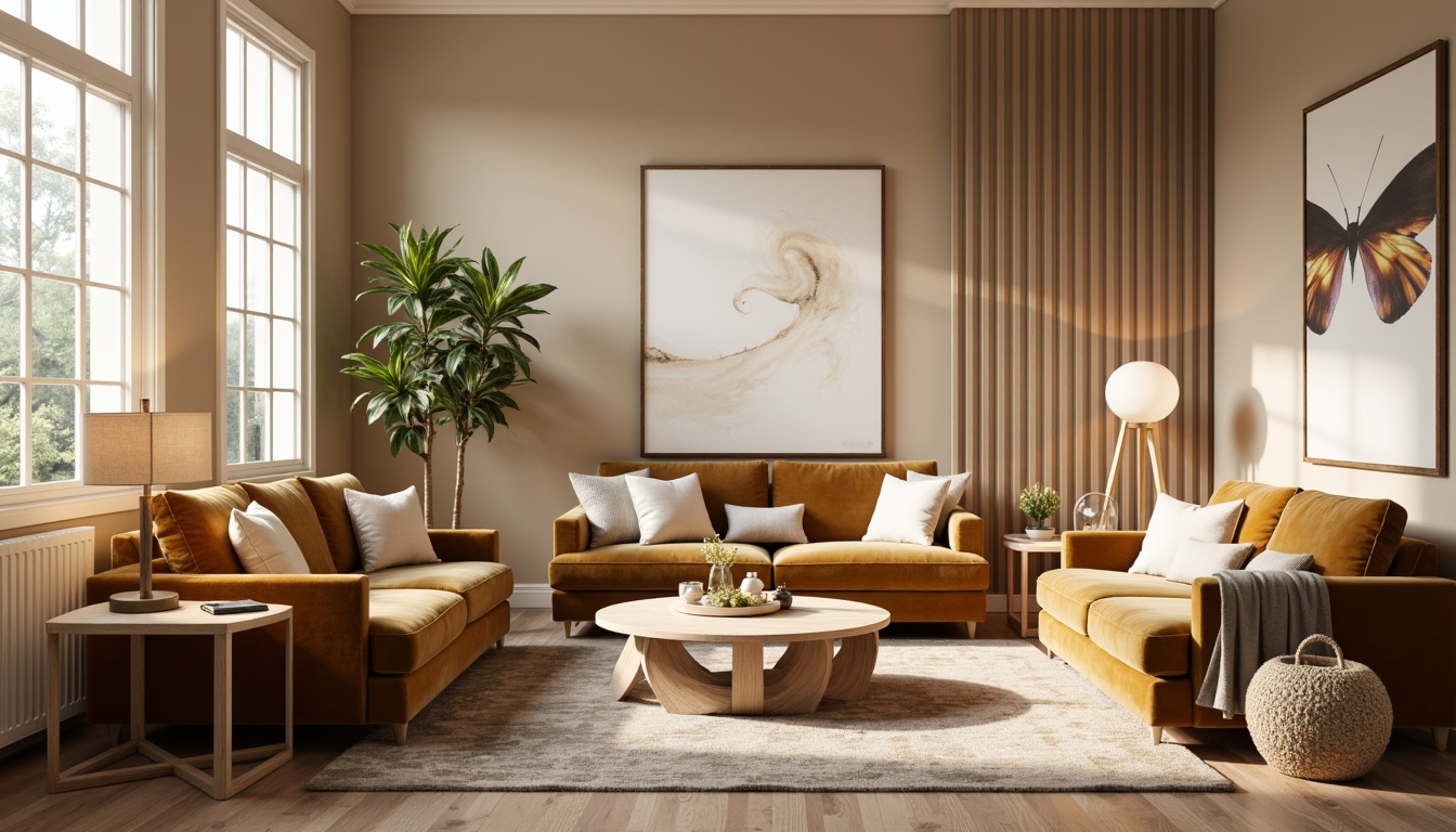 Prompt: Cozy living room, plush sofas, soft velvet upholstery, warm beige walls, wooden coffee tables, elegant floor lamps, natural fiber rugs, minimalist decor, modern artwork, large windows, bright morning light, shallow depth of field, 1/1 composition, softbox lighting, realistic textures, ambient occlusion.