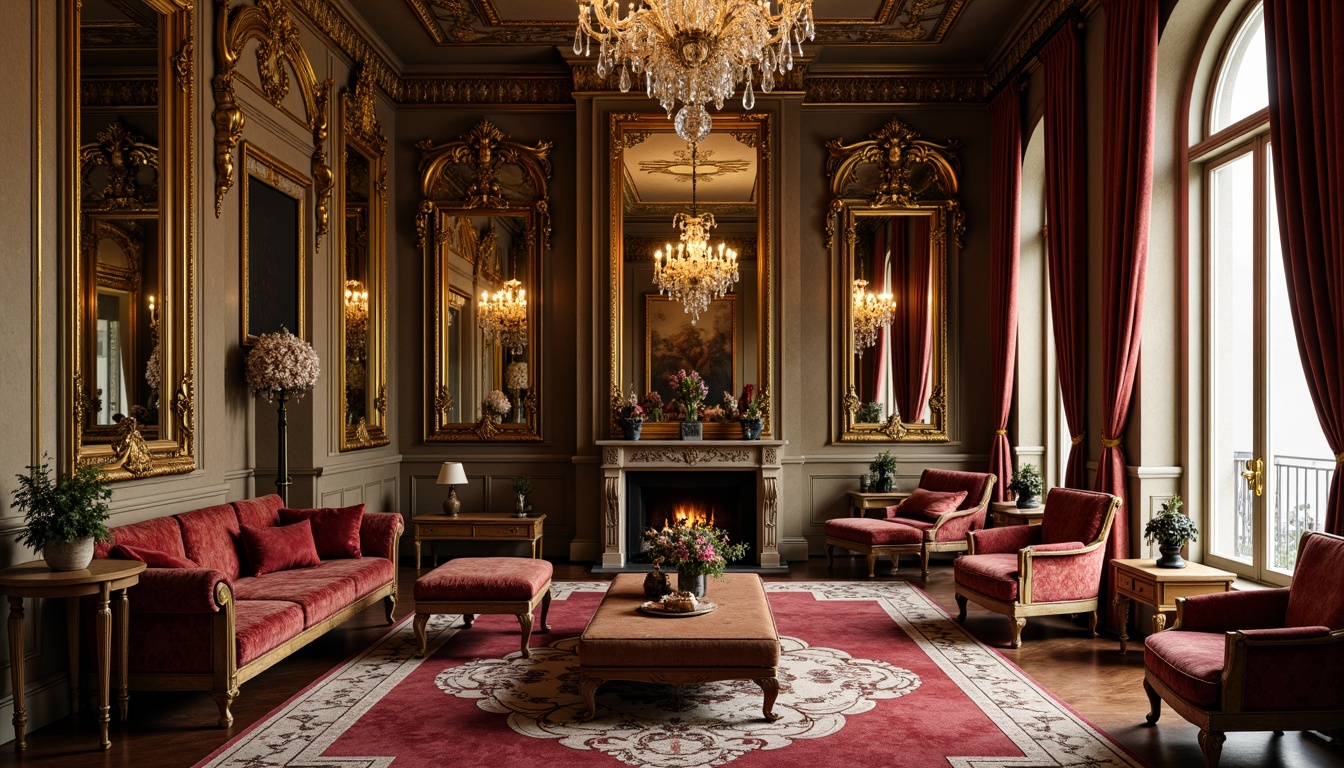 Prompt: Ornate gold frames, velvet upholstery, intricately carved wooden legs, luxurious silk fabrics, rich jewel-toned colors, ornamental mirrors, gilded accents, dramatic chandeliers, lavish curtains, antique furniture pieces, regal atmosphere, opulent textures, intricate patterns, symmetrical compositions, warm golden lighting, soft focus, shallow depth of field, 1/1 composition.