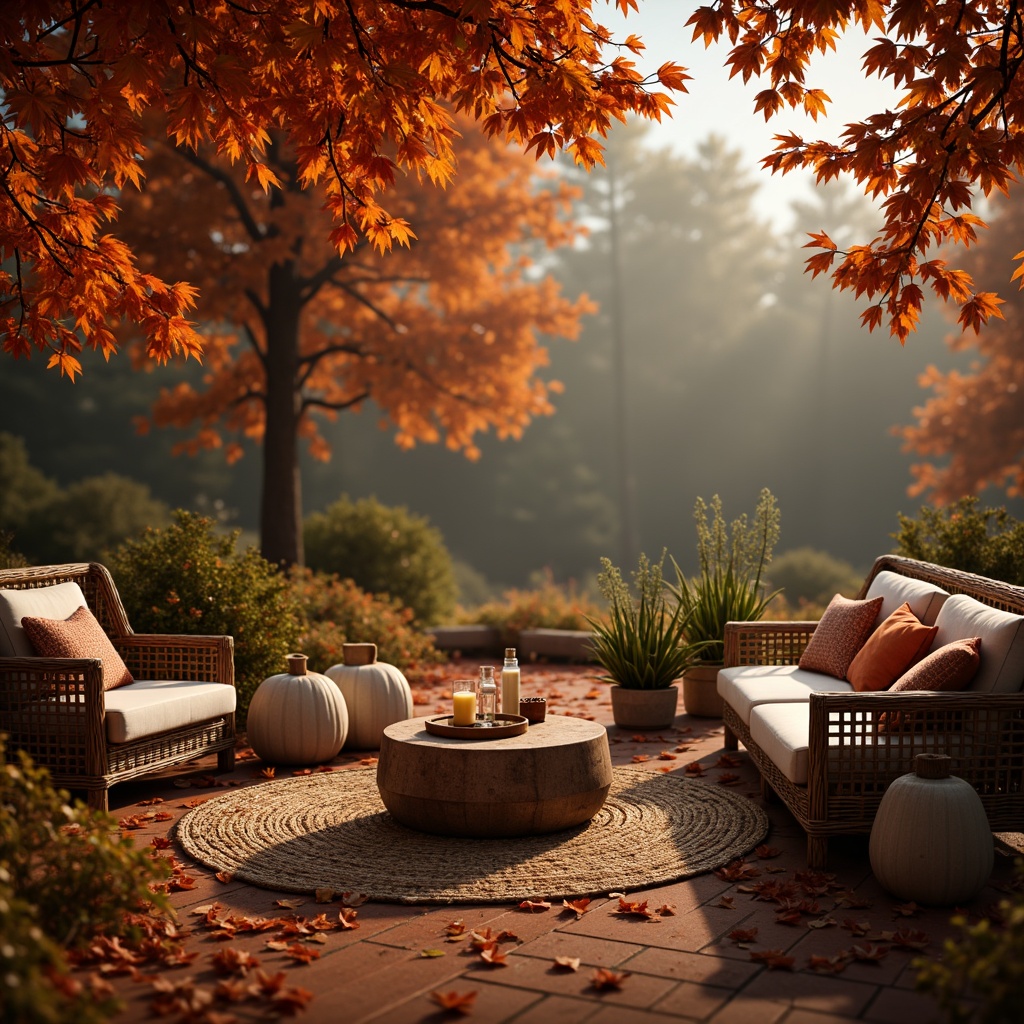 Prompt: Vibrant persimmon hues, warm golden tones, rich terracotta reds, deep burnt oranges, soft peach accents, natural earthy undertones, rustic wooden textures, woven wicker furniture, cozy candlelit ambiance, intimate gathering spaces, autumnal forest landscapes, misty morning light, shallow depth of field, 1/1 composition, realistic fabric simulations, ambient occlusion.