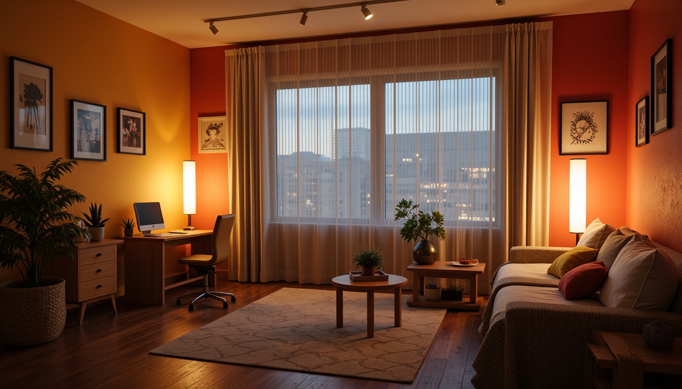 Prompt: Modern dorm room, soft warm glow, table lamps, floor lamps, string lights, cozy atmosphere, wooden furniture, minimalist decor, comfortable bedding, vibrant accent walls, large windows, natural daylight, sheer curtains, task lighting, ambient lighting, 1/1 composition, realistic textures, subtle shadows, warm color palette, relaxed mood.