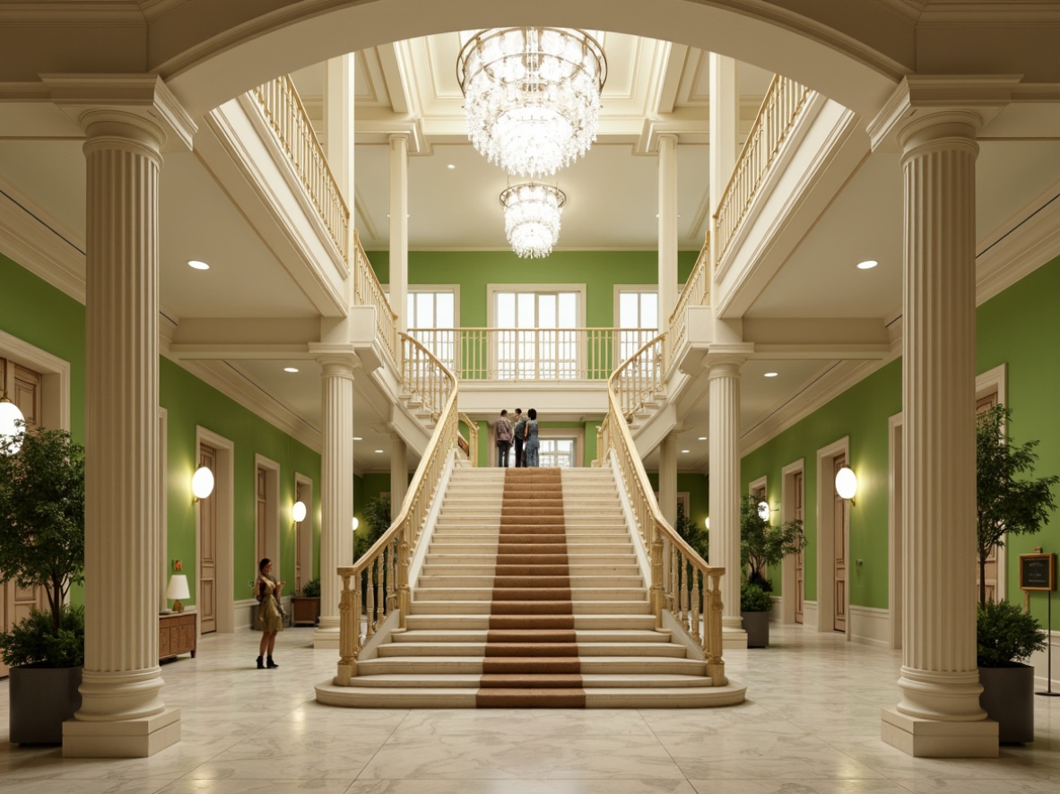 Prompt: Grand staircase, ornate balustrades, lime-green walls, cream-white railings, polished marble floors, intricate carvings, classical columns, ornamental moldings, lavish chandeliers, crystal droplets, soft warm lighting, shallow depth of field, 1/1 composition, symmetrical framing, realistic textures, ambient occlusion.