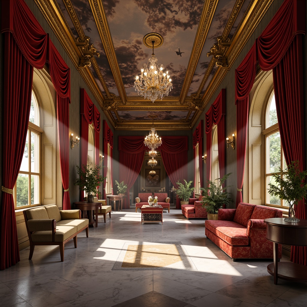 Prompt: Luxurious velvet drapes, rich brocade upholstery, intricate embroidery patterns, ornate golden frames, lavish silk fabrics, majestic crystal chandeliers, opulent marble flooring, grandiose architectural details, dramatic ceiling murals, soft warm lighting, atmospheric misting effects, 3/4 composition, shallow depth of field, realistic textures, ambient occlusion.