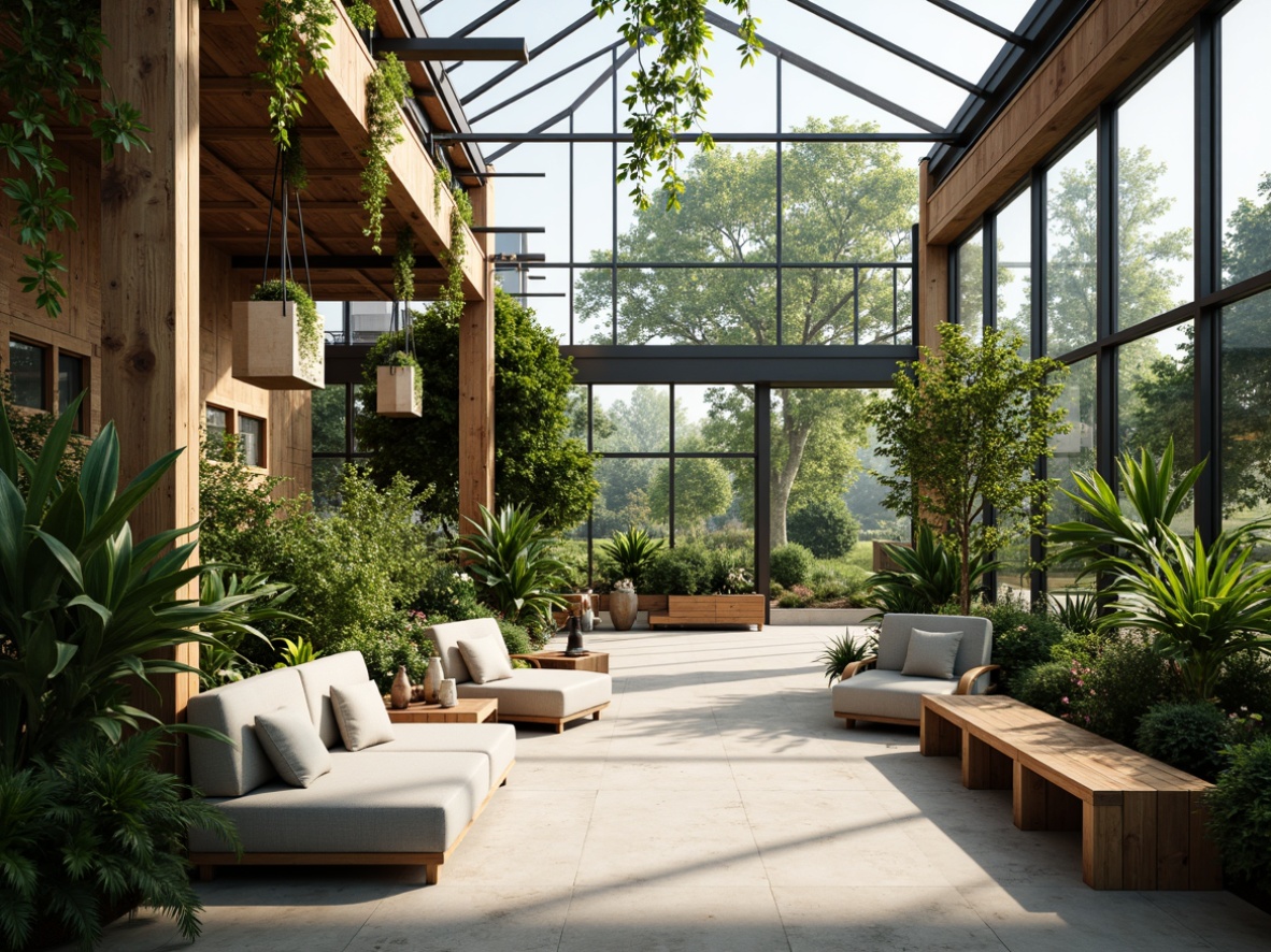 Prompt: Minimalist greenhouse interior, lush greenery, reclaimed wood accents, industrial metal frames, hanging planters, botanical specimens, natural light filtering, glass roof, modern ergonomic seating, sustainable materials, eco-friendly textiles, organic shapes, 3D-printed decorative elements, warm LED lighting, shallow depth of field, 1/2 composition, realistic reflections, ambient occlusion.