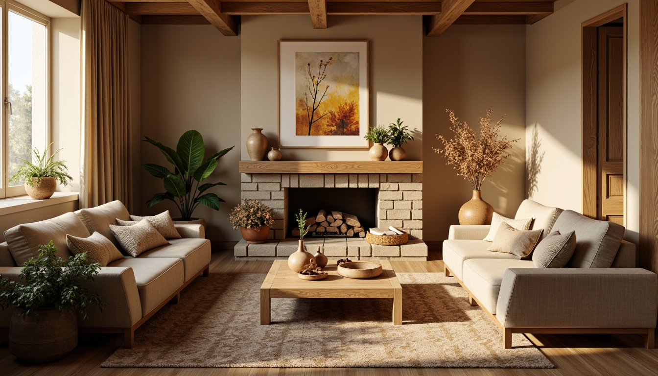 Prompt: Cozy living room, warm beige walls, rich walnut wood furniture, plush velvet sofas, soft golden lighting, natural stone fireplace, earthy terracotta pots, lush greenery, calming watercolor artwork, serene atmosphere, 1/2 composition, shallow depth of field, realistic textures, ambient occlusion.